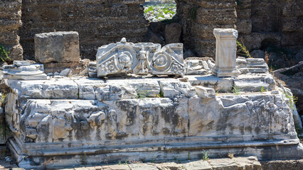 Ornate marble ruins in Side, remnants of classical architecture Side, Antalya, Turkey (Turkiye)