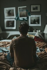 Contemplative Man Before Wall of Framed Photos