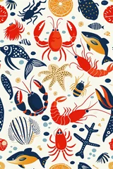 Foto auf gebürstetem Alu-Dibond Meeresleben Cartoon seafood spread, a ocean feast pattern