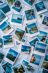 Scattered Tropical Beach Polaroids on Blue