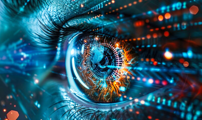 Futuristic digital eye monitoring a network of interconnected devices in cyberspace, representing advanced cybersecurity threat detection and surveillance in the digital realm