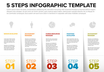 White paper stripe steps infographic template with big steps icons and description - obrazy, fototapety, plakaty