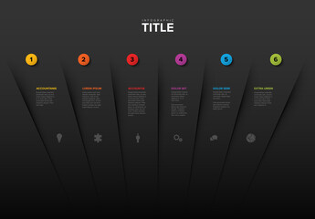 Multipurpose dark infographic with six options elements icons and description each in separate section column