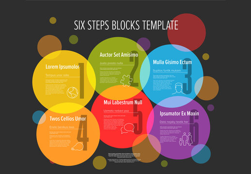 Dark Colorful Six Steps Infographic Template with overlay circles and big numbers