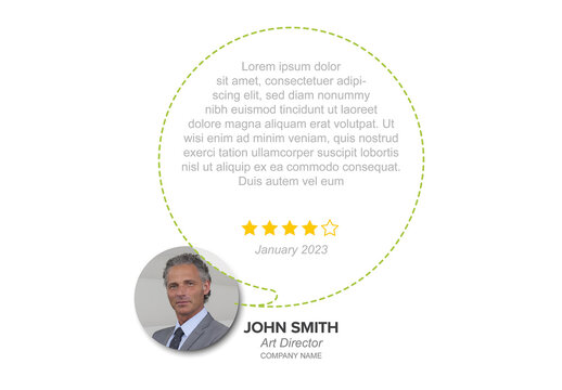 Person light quote testimonial or review template with big speech bubble and photo placeholder