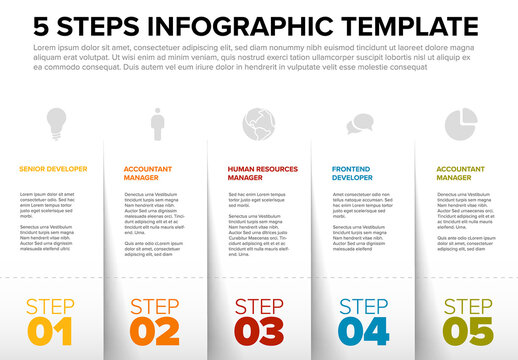 White paper stripe steps infographic template with big steps icons and description