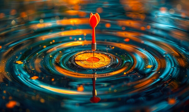 Precision targeting, dart hitting the bullseye amidst concentric ripples on a water surface, illustrating the importance of setting clear and well aimed objectives for successful business investments