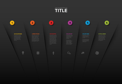 Multipurpose dark infographic with six options elements icons and description each in separate section column