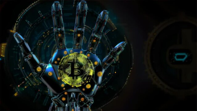 A robot hand with detailed mechanics and a Bitcoin symbol at its center, symbolizing the integration of cryptocurrency and advanced technology.. AI Generation