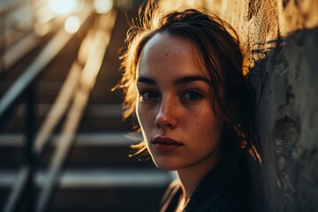 Portrait of a beautiful young woman with freckles on her face.