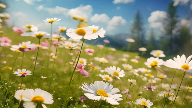 Vibrant White and Pink Flower Field Painting Natures Beauty and Serenity, Meadow with lots of white and pink spring daisy flowers and yellow dandelions in sunny day, AI Generated