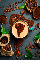 The concept of importing or exporting coffee from America. A cup of Americano coffee with an image...