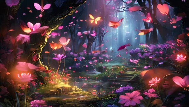 A vibrant painting depicting a forest filled with colorful flowers and graceful butterflies, A stunning butterfly garden filled with multiple species, AI Generated