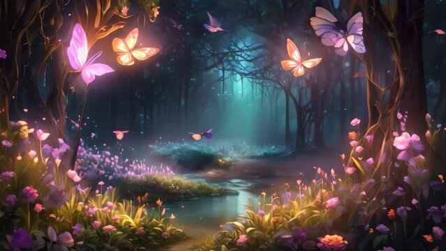 This beautiful painting depicts a forest teeming with fluttering butterflies, creating a captivating and serene scene, A stunning butterfly garden filled with multiple species, AI Generated