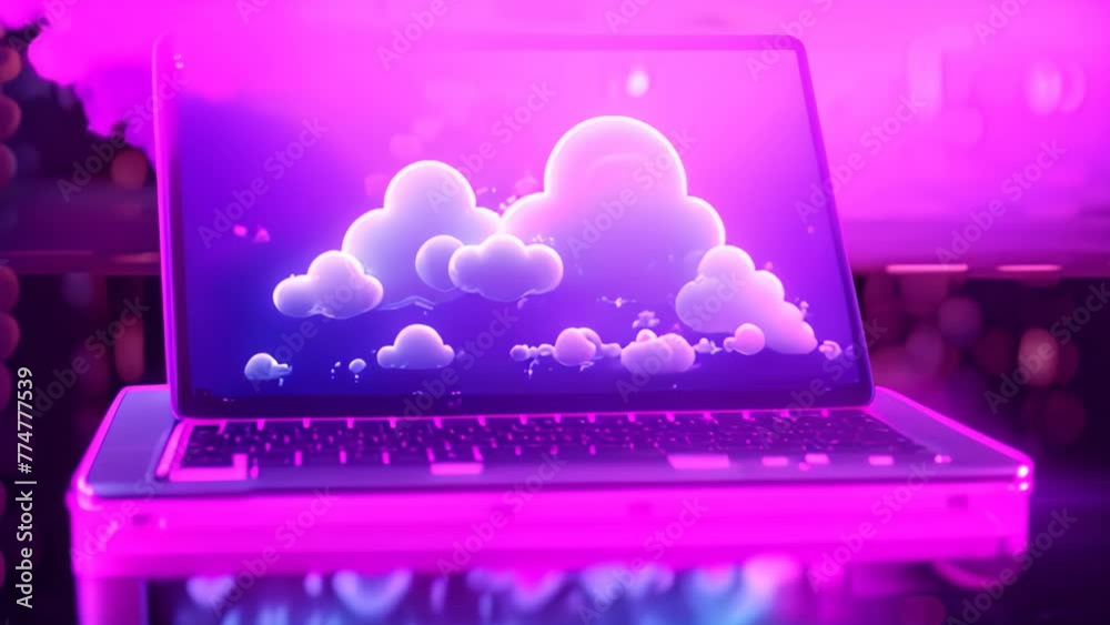 Poster a laptop computer on a table, representing a productive and efficient work environment, neon light s
