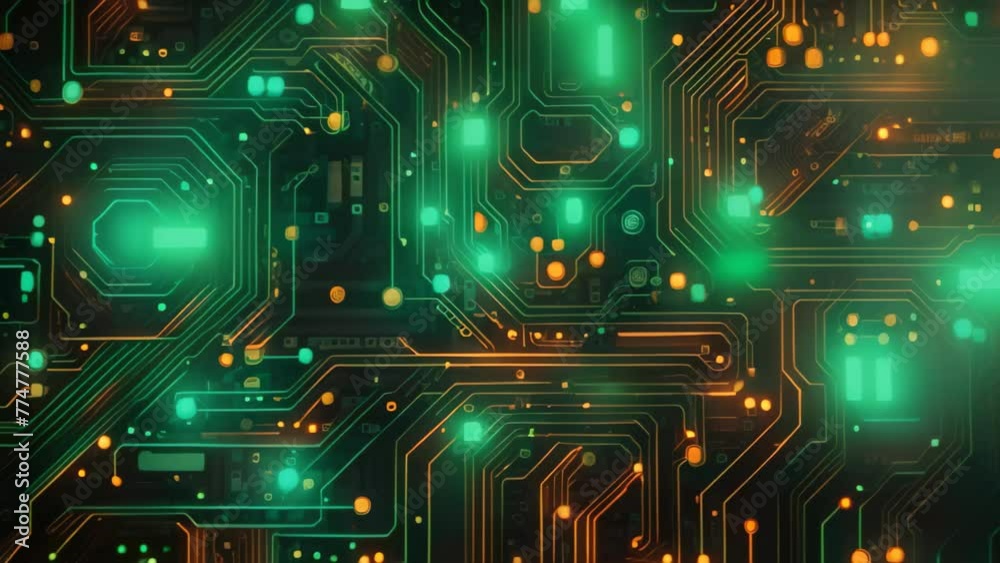 Poster a computer circuit board with glowing lights showcasing its intricate design and functional capabili