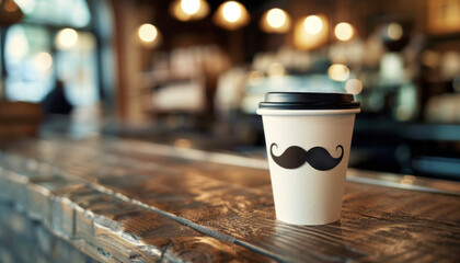 Paper cup with funny mustache in coffee shop. Greeting card for Happy Fathers Day.