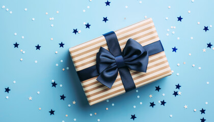 Gift or present box and confetti stars on blue background top view. Greeting card for Happy Father day. - 774777571