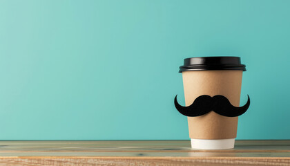 Happy Fathers Day breakfast, coffee paper cup with funny mustache. Greeting card for daddy. - 774777574