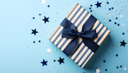 Gift or present box and confetti stars on blue table top view. Greeting card for Happy Father day.