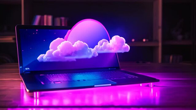 An image showing a laptop on a table with a vibrant and colorful cloud displayed on its screen, neon light showing cloud computing on tablet computer, AI Generated