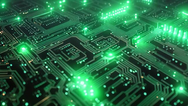 This image showcases a detailed view of a computer circuit board, revealing the intricate network of electronic components and connections, Neon maze of circuit board patterns, AI Generated