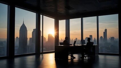 Modern office city skyline penthouse Silhouettes business people meeting, sunlight exposure illustration. - obrazy, fototapety, plakaty