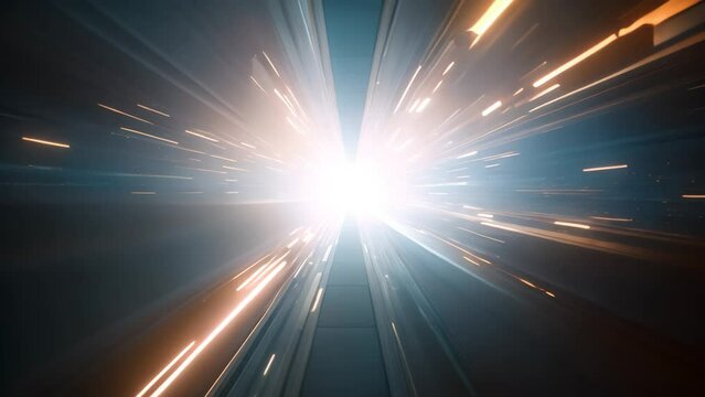 An abstract image featuring a bright light shining in the center of a dark tunnel., One-point perspective of a high-speed data transfer tunnel, AI Generated