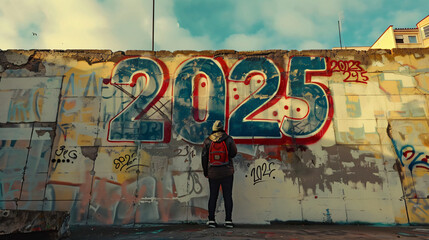 person spraying graffiti art on an outdoor wall showing "2025"