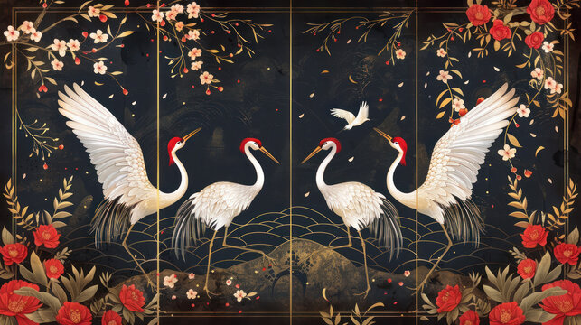 Folding screen in chinoiserie style with white cranes - Powered by Adobe