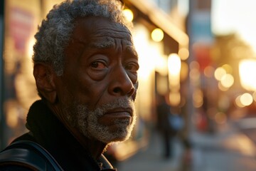 Portrait of an old man in the city at sunset. Shallow depth of field.