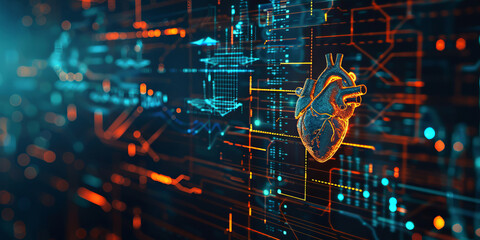 Digital Heart Concept, Futuristic Healthcare Technology and Data Network Visualization, neon banner.