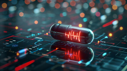Monitoring with chip capsule artificial intelligence of heart health and pulse management. Concept AI futuristic healthcare technology, data network neon banner. - obrazy, fototapety, plakaty