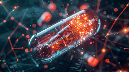 Army weapon pill with artificial intelligence. Futuristic Medical Technology with Virus Representation in Capsule.