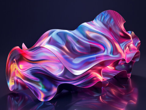 Forma 3D fluida astratta metallica olografica colorata , Dinamica opera d'arte digitale caratterizzata da un'onda metallica vorticosa e da riflessi vibranti, astratto, metallo liquido, arte digitale, 