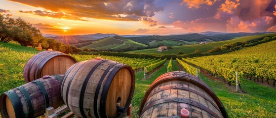 Obraz premium Sunset on wine bottles, barrels, and vineyards