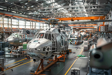 Industrial Hangar Facility with Helicopters Under Maintenance and Assembly