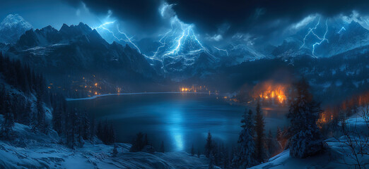 winter landscape panorama with thunderstorms and lightning in night sky in nature over lake with mountains - obrazy, fototapety, plakaty