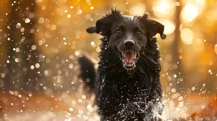 A black dog running through a puddle of water in the woods, AI - Powered by Adobe