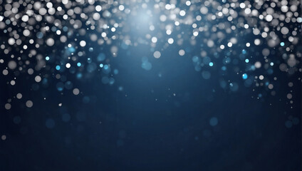 Abstract blur bokeh banner background. Silver bokeh on defocused navy blue background.