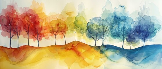 Abstract tree shapes, a symphony in spring watercolor melodies