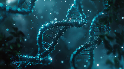 A 3D illustration depicts a glowing blue DNA helix with light particles. - obrazy, fototapety, plakaty