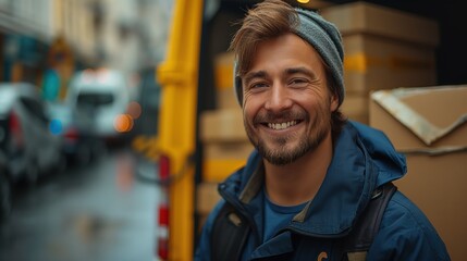 A smiling delivery man carrying cardboard boxes , parcel delivery service, Generative Ai