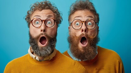 Two men with beards and glasses are making funny faces, AI
