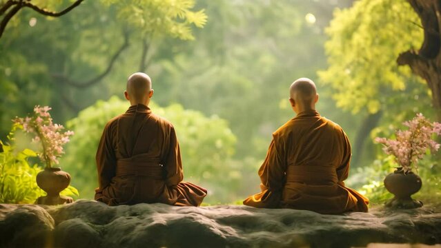 Two monks peacefully sitting on a rock surrounded by trees in a serene forest, Zen Buddhist monks meditating in a tranquil garden, AI Generated