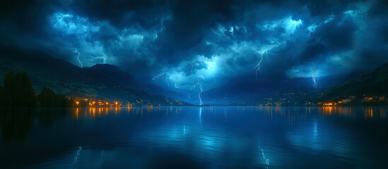 landscape panorama with thunderstorms and lightning flashes in night sky in nature over lake with mountains