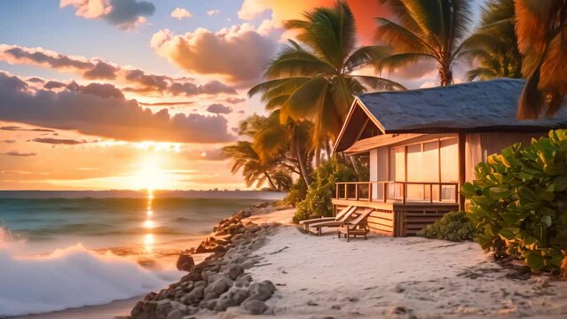 Beautiful tropical beach with coconut palm tree at sunrise - Holiday Vacation concept, A beach bungalow overlooking a serene sunset, AI Generated