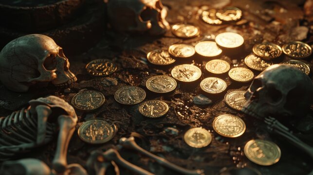 Cursed gold coins texture, shimmering with an unnatural glow amid ancient coins and skeletal remains, symbolizing greed and betrayal created with Generative AI Technology