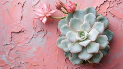 A close up of a flower on the wall with pink paint, AI