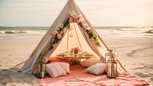 wedding tent on the beach at sunset - vintage effect style pictures, A beach set up for a special Mother's Day outing, AI Generated